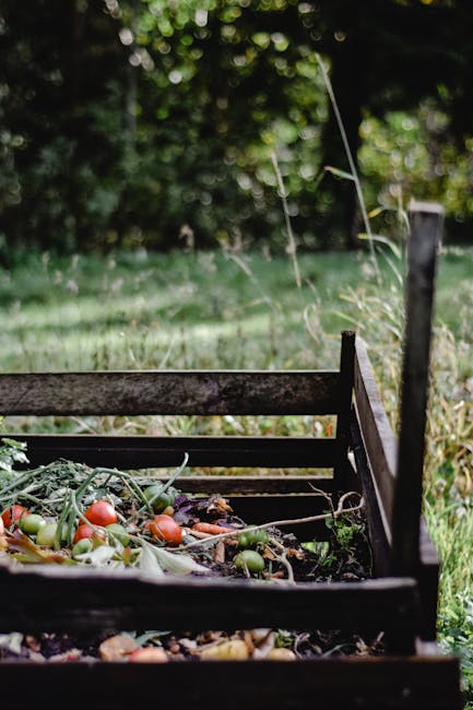 A wooden garden compost bin with a slatted design, partially filled with organic waste including tomato and other vegetable scraps, positioned on a grassy lawn with a backdrop of lush green trees and